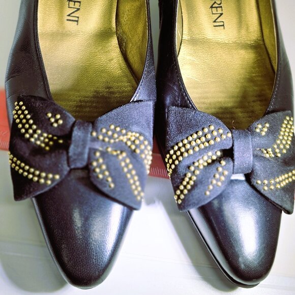 Yves Saint Laurent Black Leather Studded Bow Kitten Heel Pumps Size 6 - Picture 1 of 12